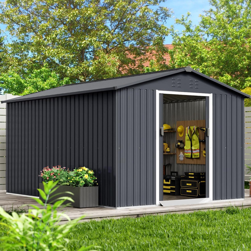 Outdoor Storage Shed, Large Metal Aluminum Waterproof Tool Sheds With Lockable Door, Gray, 77.5" H x 98" W x 181.1" D
