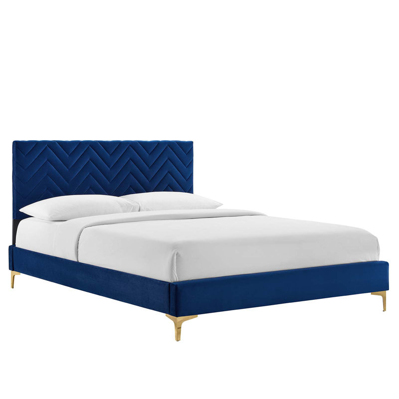 Lit plateforme en velours Leah, Bleu marine, Très grand