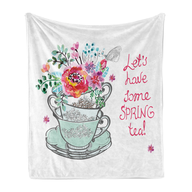 Ambesonne Tea Fleece Throw Blanket Lets Have Some Spring Tea Text Multicolor, 50" W x 60" L
