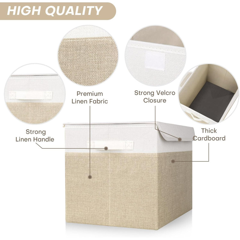 Set Of 4 Foldable 22 Qt Linen Storage Bins With Lids & Handles Beige White