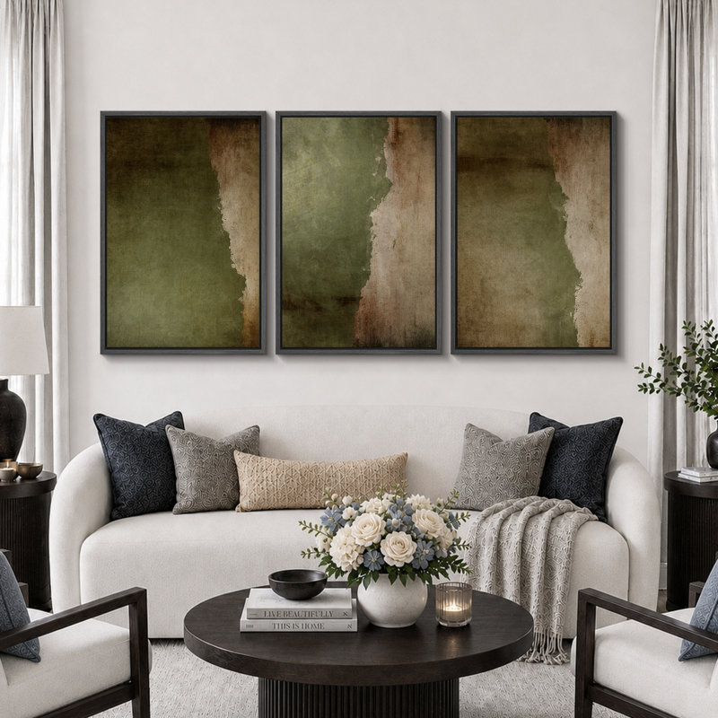Subtile olive verte abstraite tons de terre triptyque - images très grandes impressions sur toile encadrées 3 pièces