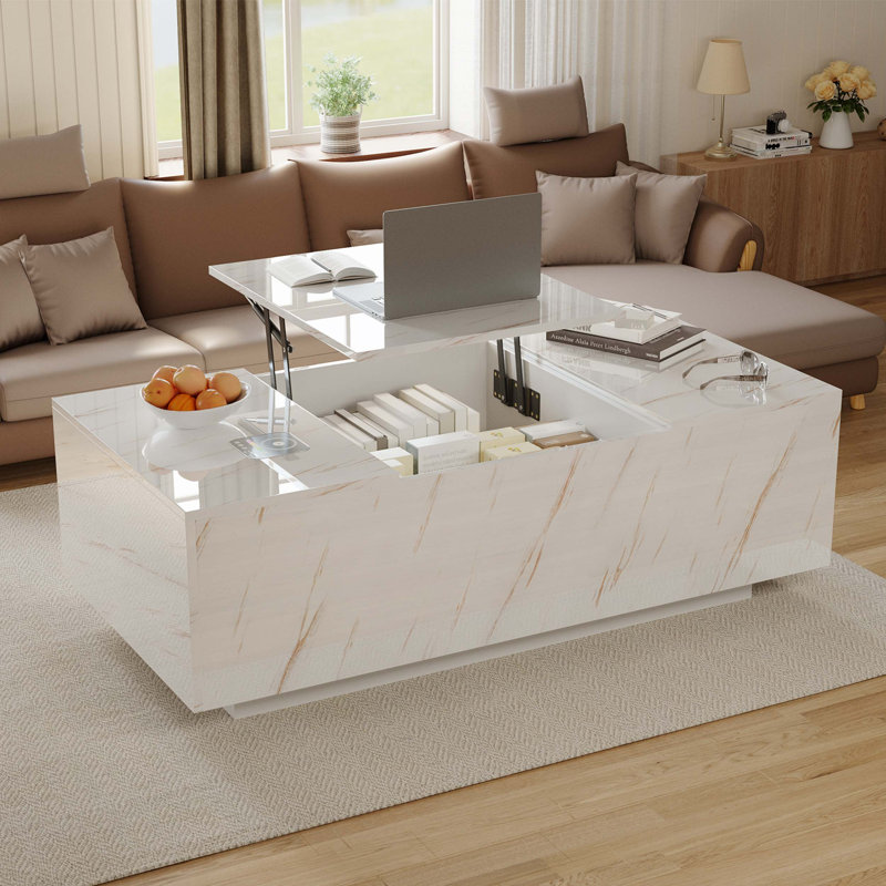 Table basse à plateau relevable avec rangement intégré, éclairage DEL 24 couleurs, chargement sans fil et haut-parleur Bluetooth intégré pour les espaces de vie modernes.