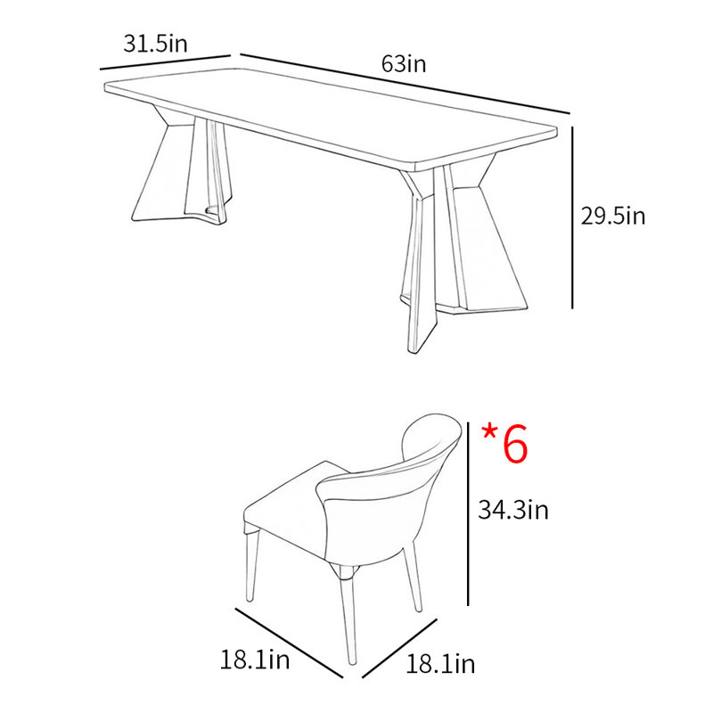 Italian modern light luxury dining table sets, 29.5"H x 63"L x 31.5"W