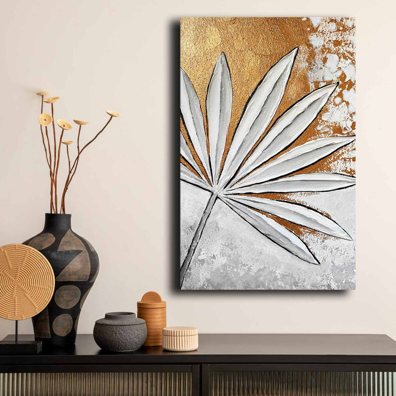 Glamour, feuille de palmier doré et blanc, art mural texturé