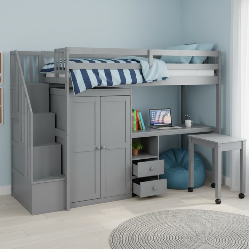 Lit mezzanine avec rangement et bureau, Simple, Gris