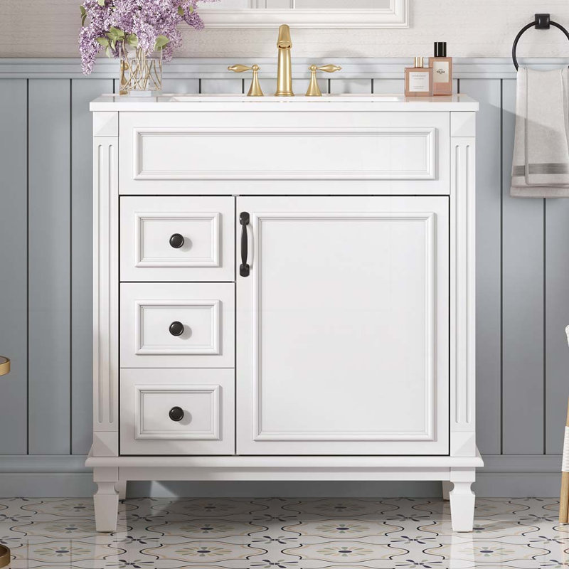 Meuble-lavabo avec lavabo en céramique, armoire avec 2 tiroirs et tablette réglable, Blanc