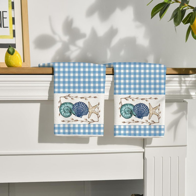 Ensemble de 2 serviettes de cuisine à carreaux bleus à motif d'étoiles de mer