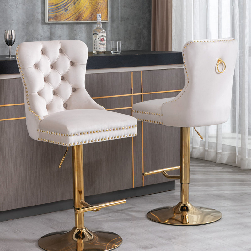 Tabourets de bar à hauteur ajustable - Revêtement en velours beige, dossier pour une expérience, 27 à 35 pouces, caractéristique captivante moderne pour la maison et le pub,