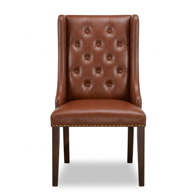 Mahogany Brown Asian Wood Faux Leather Round 3 Piece Dinette Set High Back Padded