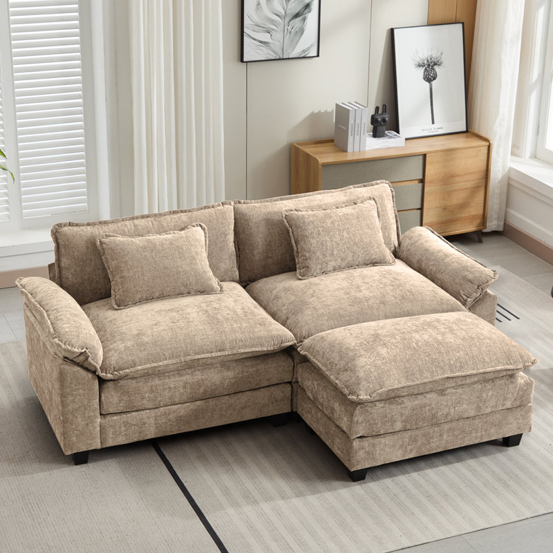 Arale 86'' Wide Comfy Cloud Couch Sectional Loveseat Sofa With Ottoman, Khaki Chenille