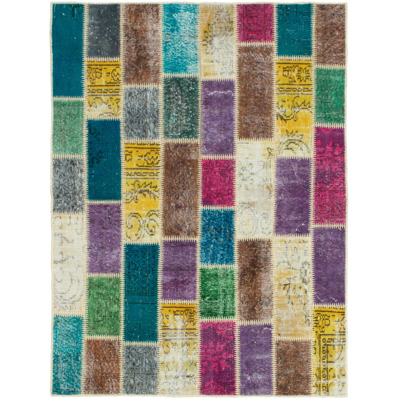 Tapis unique en laine noué à la main brun / turquoise / jaune des années 2010 de 4 pi 9 po x 6 pi 7 po Colvell