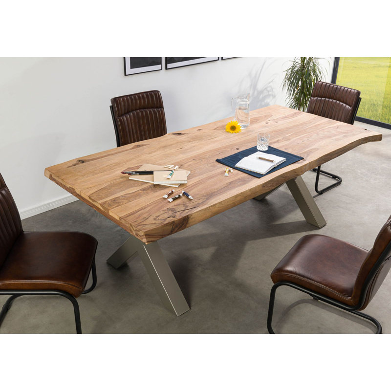 Solid Wood Top Metal Base Dining Table, 77 cm H x 180 cm L x 90 cm D, Silver, Beige
