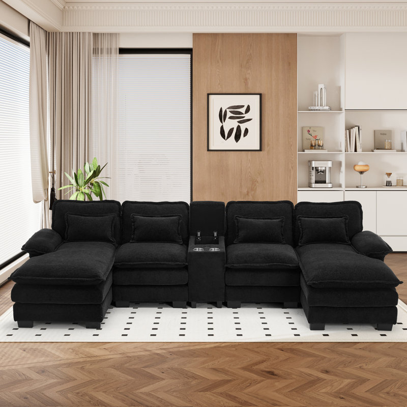 Canapé modulaire en U avec méridienne 5 pièces, Chenille noir mat