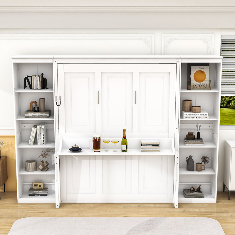 Lit escamotable avec bureau intégré et tablettes pour espaces de vie compacts, Grand lit, Blanc