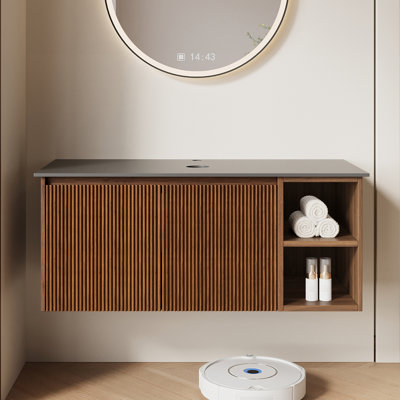 36 Inch Modern Floating Bathroom Vanity Base with Sintered Stone Countertop, Solid and Manufactured Wood Cabinet with Open Storage & Drain Kit