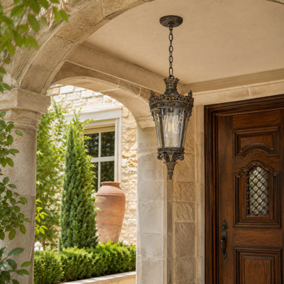 17.7" Antique Bronze Outdoor Hanging Lantern, 1-Light E26 Porch Pendant with Clear Tempered Glass and Adjustable Chain