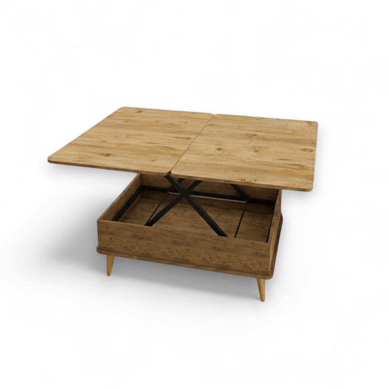 Table basse à plateau relevable avec rangement, Pin