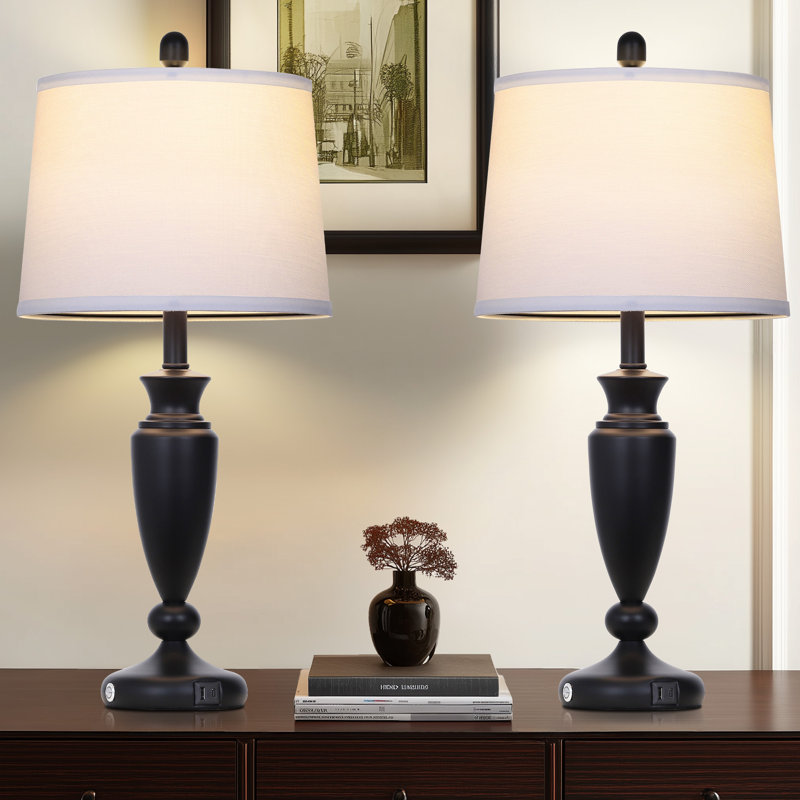 Kensler 27-inch Dimmable Metal Table Lamps with Touch Control & USB Ports (Bulbs Included), Black