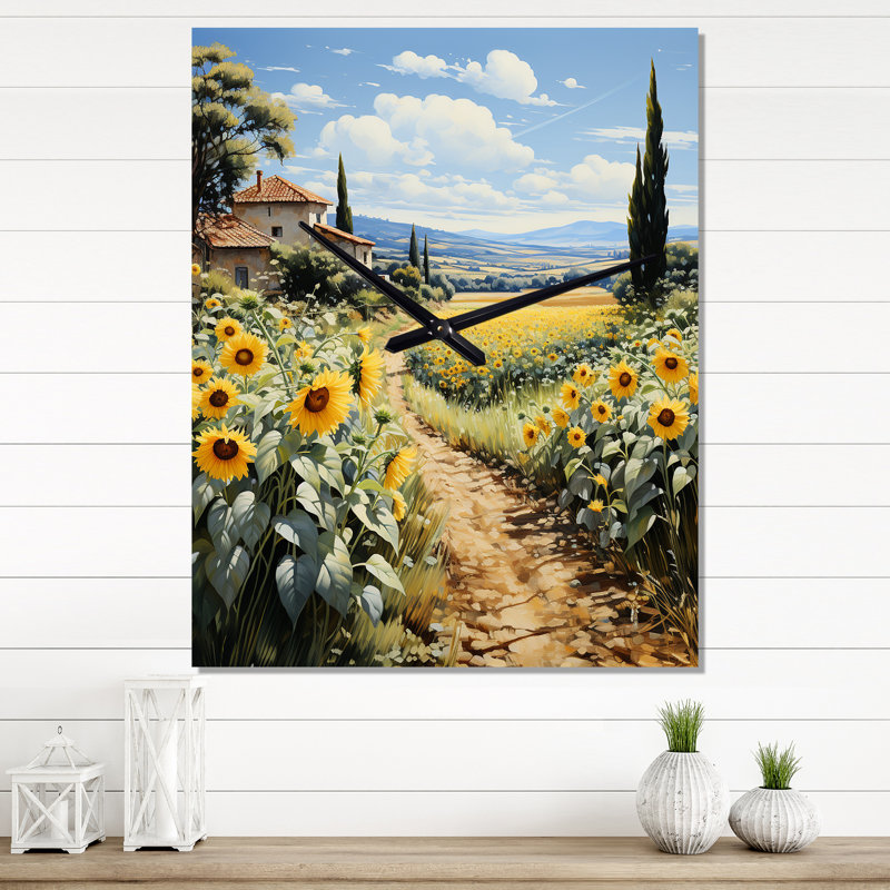 Horloge murale moderne avec champs français de tournesols en Normandie I, H 28 po x l 12 po x P 1 po