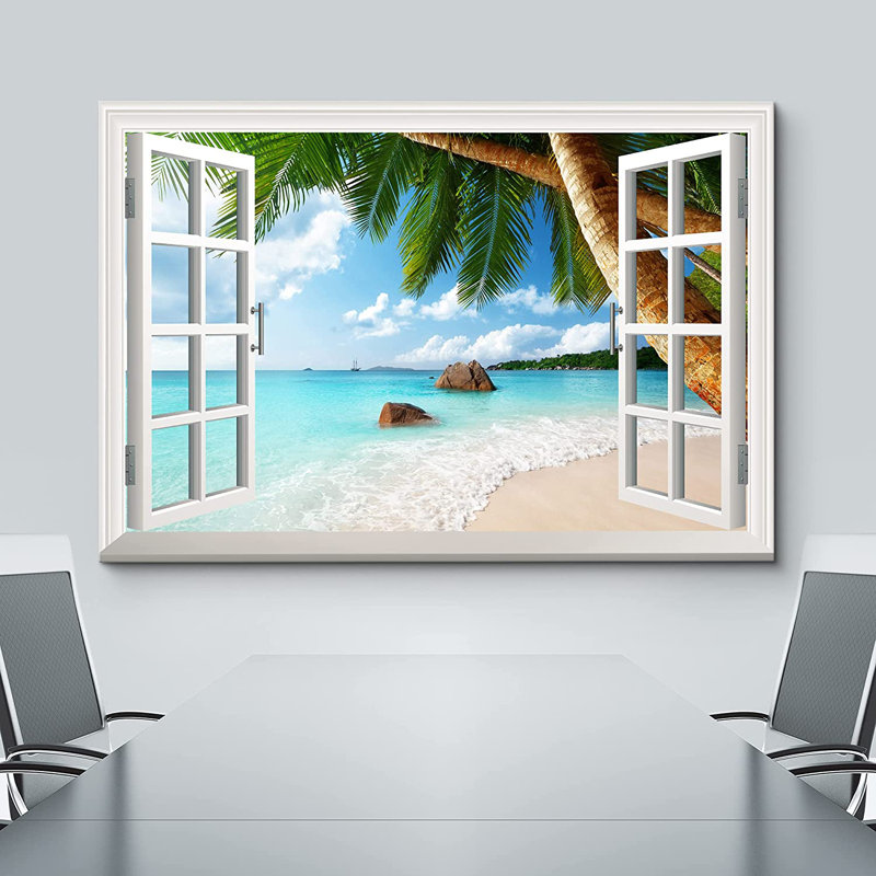 Fenêtre, paysage, plage, sur l'île de Praslin, Seychelles, impression sur toile tendue, H 24 po x l 36 po
