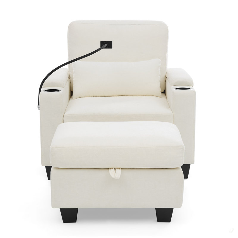 Canapé inclinable simple avec dossier réglable manuellement, port de charge USB sur le côté de l'accoudoir, support pour téléphone inclus, rangement caché pour l'accoudoir et repose-pieds assorti