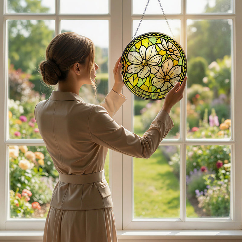 7.8"H Floral Pattern Stained Glass Window Panel, 7.8" H x 7.8" W