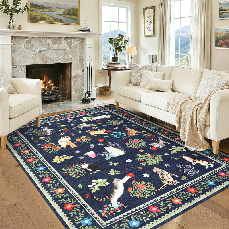 Area Rugs Modern Non-Slip Washable Rug Mark Resistant,Floral Farmhouse Carpet,Non-Shedding for Living Room Bedroom, Blue