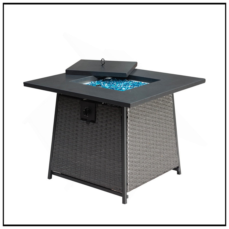 Table de foyer d'extérieur au propane durable de 32 pouces avec boule de verre bleue, table d'extérieur en osier de 50 000 BTU avec foyer au gaz carré en acier 2 en 1 certifié ETL (gris foncé)