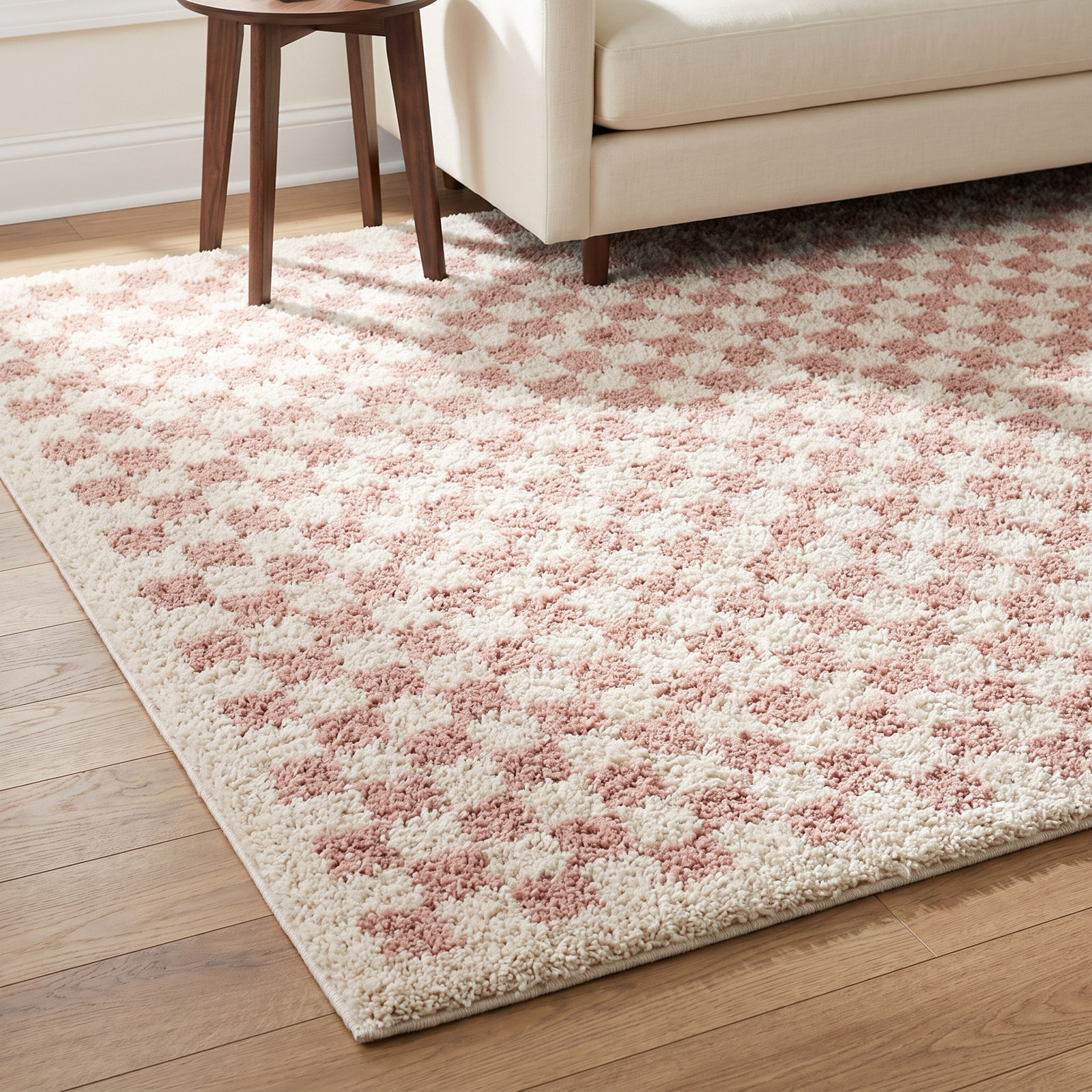 Walker Pink Cream Checkered Shag Rug, Rectangle 7'10" x 10'