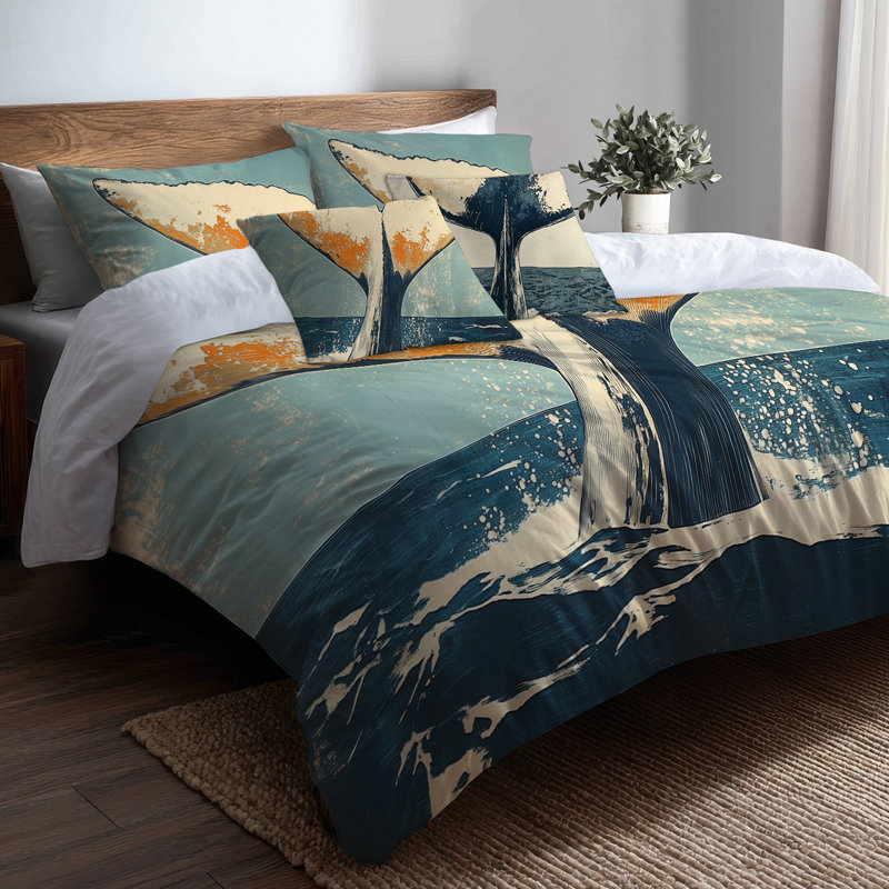 Literie 5 pièces « Queue de baleine en pleine mer » - Housse de couette en linogravure avec taies d'oreiller et coussins décoratifs