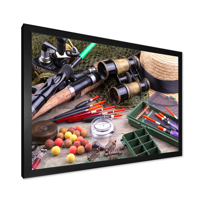 " Fishing Supplies Layout ", Black Single Picture Framed, 34" H x 44" W x 1.5" D