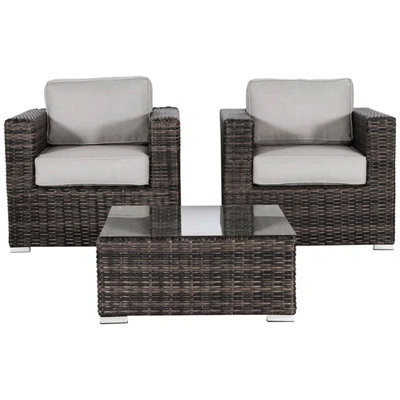 2 sièges d'extérieur avec et coussins. 2 chaises club et une table basse en verre trempé. Structure haute en aluminium. Polypropylène / eau,,,. Aucun assemblage de l'assise. Plateau de table.
