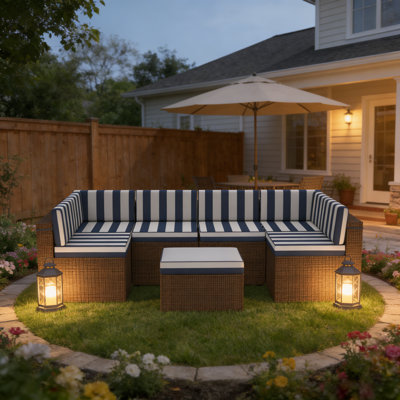 14-Piece Outdoor Cushions For Patio Furniture, Fade Resistant Outdoor Replacement Cushions For Rattaner,Wicker Furniture,Sectional, 6 Cushions And 8 Back Pillows,Blue And White Stripes