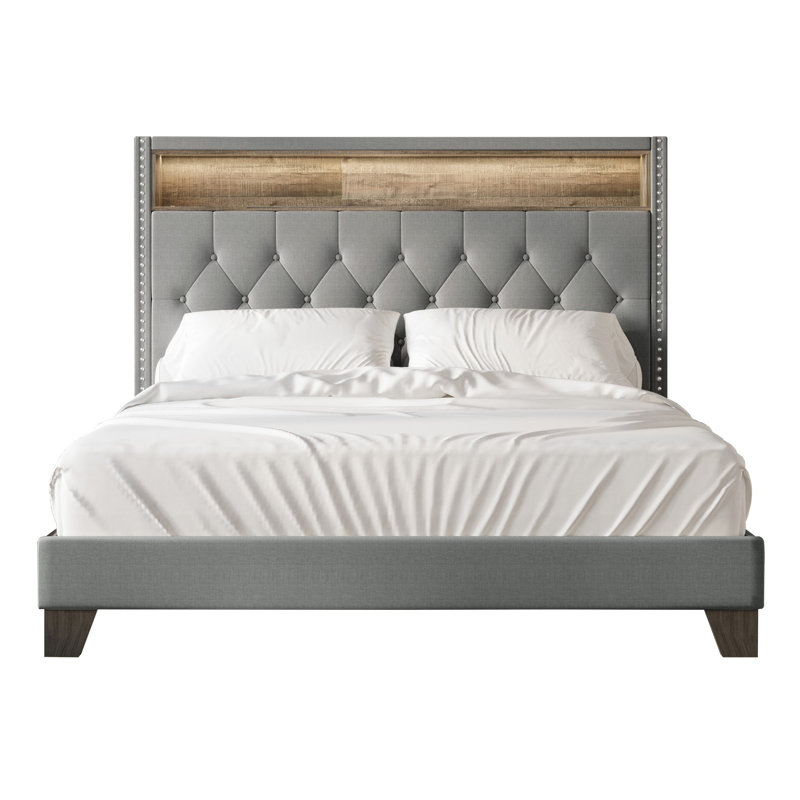 Fording Upholstered Bookcase Storage Bed, Light Gray, Queen