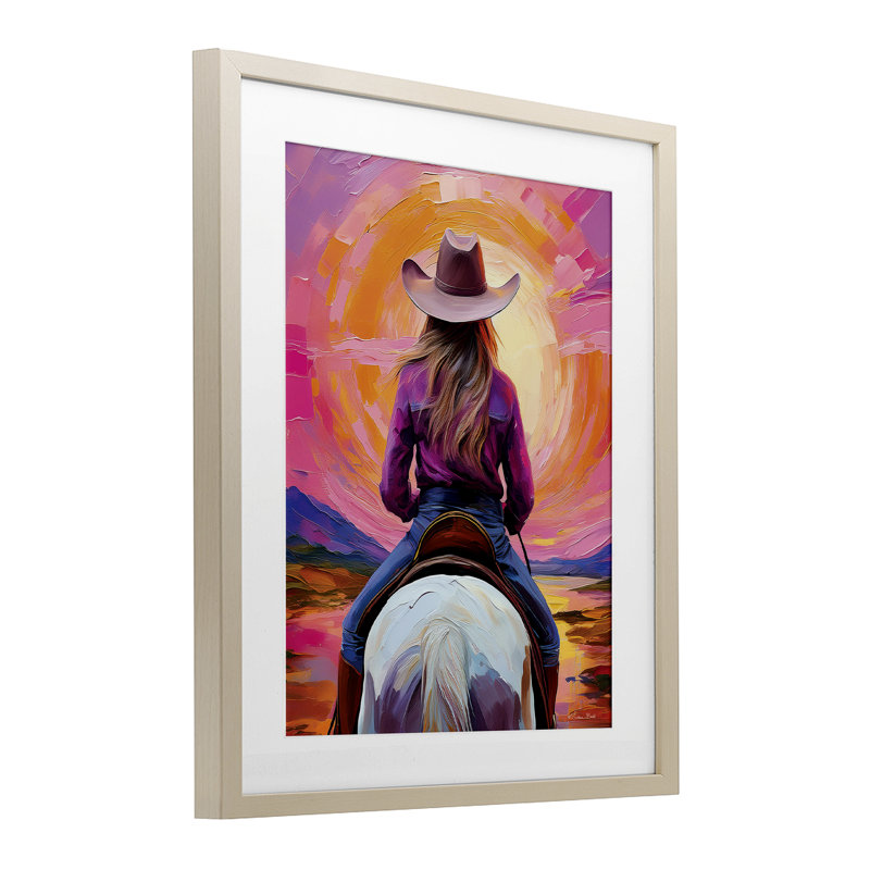 «Riding Into The Sunset», reproduction sous verre encadrée, conception de Susan Ball, H 21 po x l 17 po