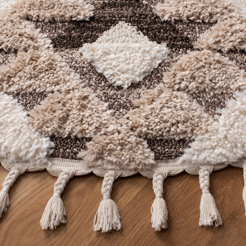Tapis performance à poil long à pampilles à motif marocain, Rond 3 pi
