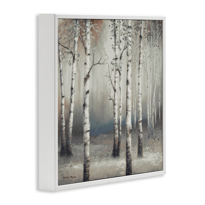Birch Trees Misty Haze, scène de forêt grise - impression, H 12 po x l 12 po, Estampe numérique encadrée blanc bord de mer