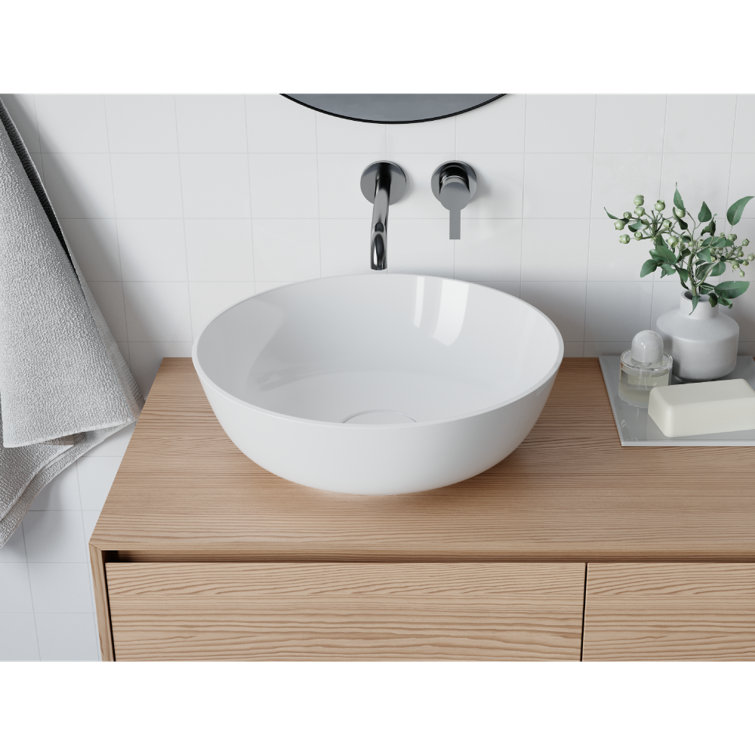 16'' Matt White Stone Circular Vessel Bathroom Sink with Overflow