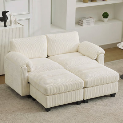 Causeuse modulaire de 61 po avec 2 repose-pieds, accoudoirs coussinés et coussins en velours côtelé