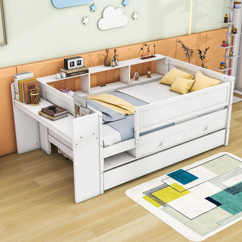 Twin Wooden Daybed with Trundle and Built-in-Desk, White
