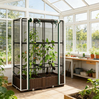 Lit de jardin surélevé en polypropylène noir, brun et blanc avec treillis, housse de protection en filet et porte à fermeture à glissière, pot à fleurs vertical d'une capacité de 66 lb pour les tomates et les légumes