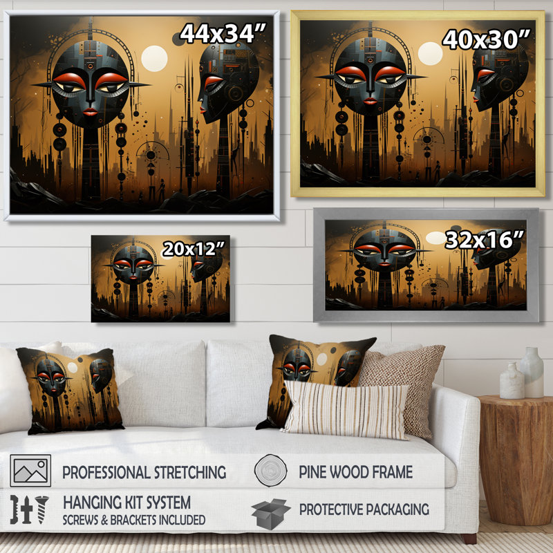 Paysage urbain contemporain avec masque tribal contemporain - Masque africain, Toile avec cadre flottant noir