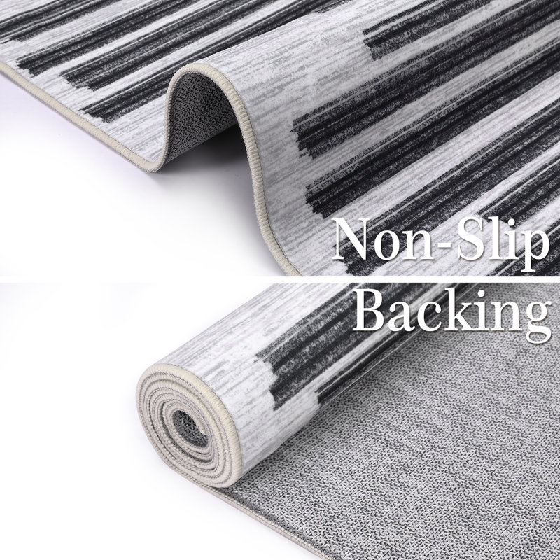 Tapis noir en polyester à rayures Ladetra, Tapis de couloir 2 pi x 6 pi