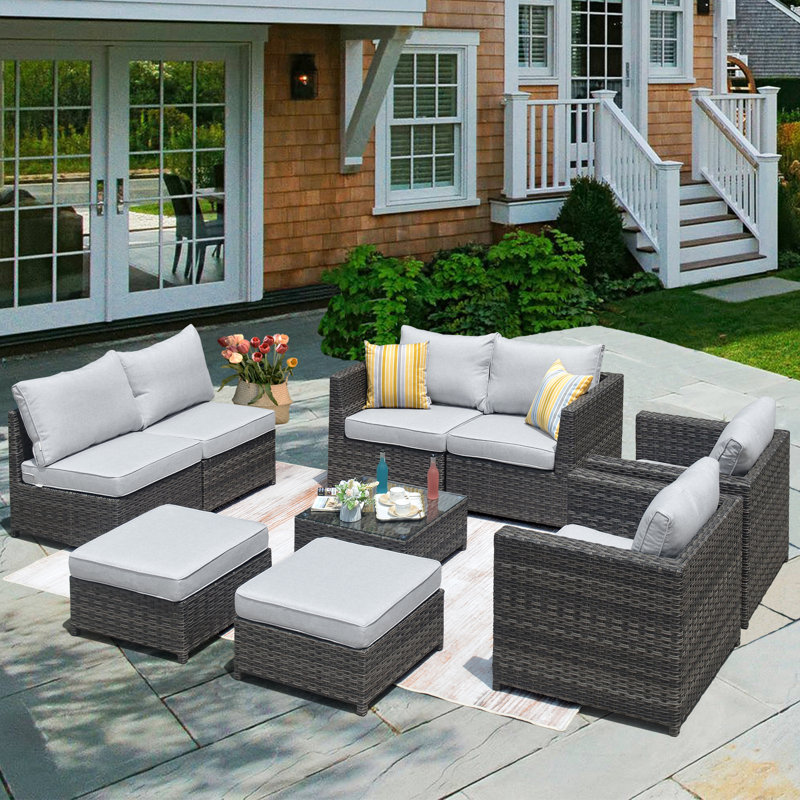 Ensemble de conversation en osier / rotin pour 6 personnes avec coussins Nexus, Gris