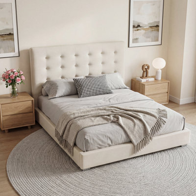 Button-Tufted Upholstered Platform Bed Frame, Solid Pine Slats with Center Support, 2 Sizes, CertiPUR-US Certified Foam, Premium Velvet