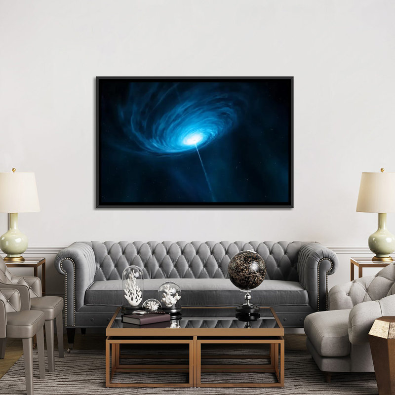 «Distant Galaxy Quasar», reproduction sur toile tendue, H 18 po x l 26 po x P 1,5 po, Toile avec cadre noir, Pas de tapis