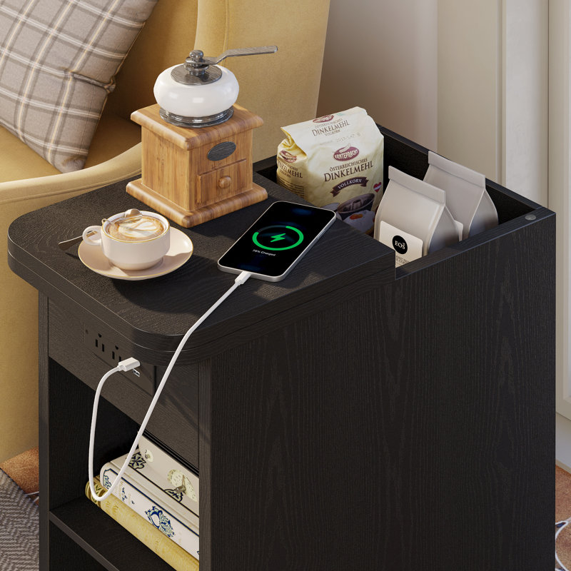 Narrow Side Table, Small End Tables With Flip Top Storage And Outlets For Living Room, Couch, Small Space, Black, Black