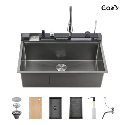 33" Drop-in Single Bowl Stainless Steel Kitchen Sink with Digital Display Workstation Sink - Pull-Down Sprayer, Pressurized Cup Washer