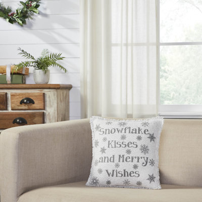 Coussin Â« Kisses Â» en toile de jute blanc antique avec motifs de flocons de neige, 12 x 12