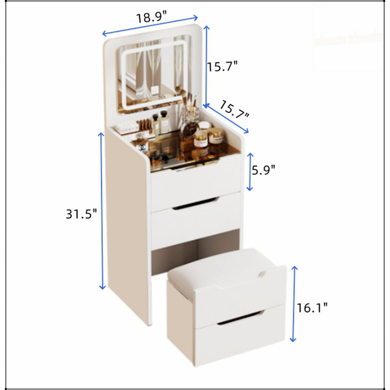 Bureau de coiffeuse 3 en 1 avec miroir rabattable, bureau en verre et 3 tiroirs pour une organisation compacte et élégante de la chambre à coucher